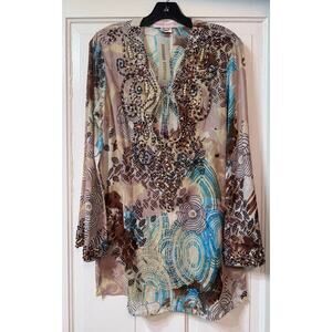 NWT Monique Leshman Neutrals Floral Beaded Tunic Blouse Top Size M